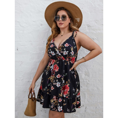 Plus Size Elegant Women Midi Dress Curvy Floral Print Sleeveless V Neck A Line Casual Dresses