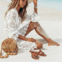 Crochet White Knitted Beach Cover Up Dress Tunic Pareos Bikinis Cover Ups Swim Cover Up Robe  Beachwear