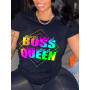 Woman Clothes Gradient Queen Rainbow Letter Print Round Neck Short Sleeve Casual Black T-shirt