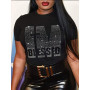 Plus Size T-Shirts Rhinestone Letter Casual Short Sleeve Daily O Neck Fashion Women Tops