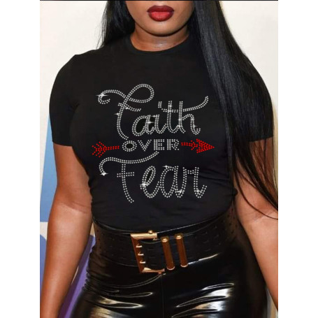 Plus Size Rhinestone Faith Letter T-shirt Casual Daily O Neck Short Sleeve Regular Women Clothing