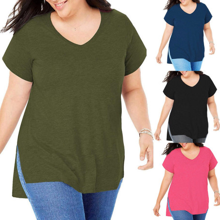 Women's Plus Size Top Fashion Casual Short Sleeve Blouses Shirt V-neck Loose Slit Shirt