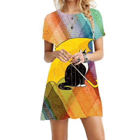 Women Cute Cartoon Cat Print A-line Dress Short Sleeve Loose Casual Beach Party Mini Dress
