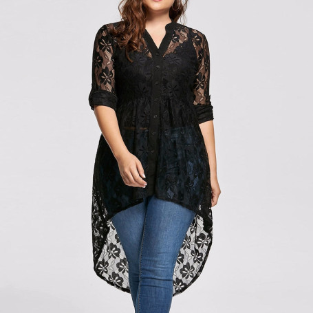 Elegant Lace Tops Women Ladies Plus Size Blouse Long Sleeve Lace Shirt Perspective Button Up Clothing