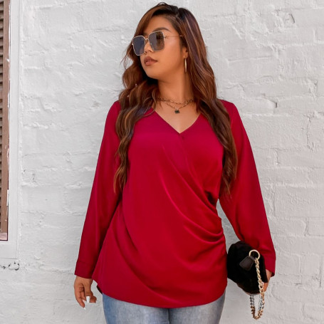 Plus Size 4XL V Neck Blouse Women's Fashion Red Elegant Oversized Loose Curvy Tops Long Sleeve Causal Solid T Shirts