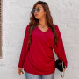 Plus Size 4XL V Neck Blouse Women's Fashion Red Elegant Oversized Loose Curvy Tops Long Sleeve Causal Solid T Shirts