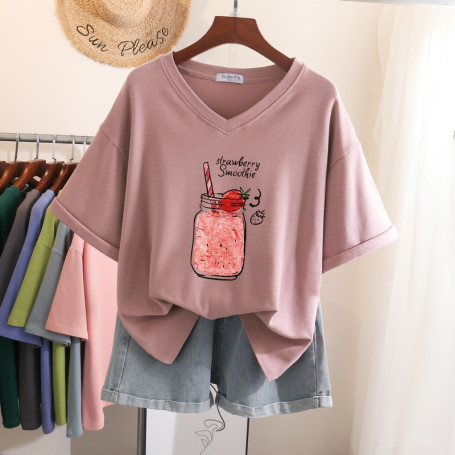 100% Cotton Short Sleeve Women Top V Neck Sweet Oversized T Shirts