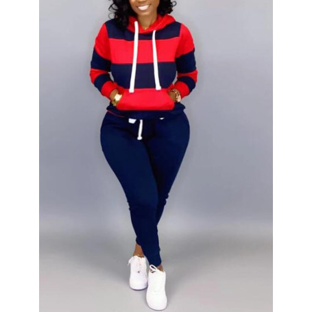 Plus Size Striped Drawstring Tracksuit Set Women Hoodie Pants Set Striped Printed Hooded Long Sleeve Sweatshirts