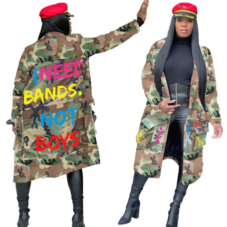 Camouflage Trench Jacket Women Plus Size Clothing Letter Print Coat Streetwear Long Style Crop Top