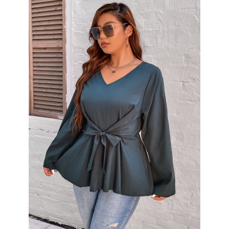 Women Plus Size 4XL Bow Blouses Peplum Tops Casual T-Shirt Long Sleeve V Neck Cotton Tee Shirts Fashion