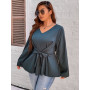 Women Plus Size 4XL Bow Blouses Peplum Tops Casual T-Shirt Long Sleeve V Neck Cotton Tee Shirts Fashion