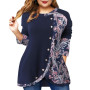Vintage Print Button Plus Size T-shirt Female Clothing Long Sleeve Fashion Peplum Tops Oversized