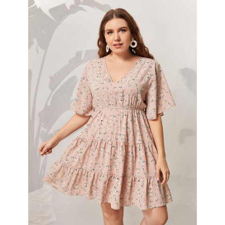 Plus Size Pink Midi Dress Women Floral Print Ruffles Sleeve Casual Oversized 4XL Elegant Loose Dresses
