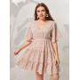 Plus Size Pink Midi Dress Women Floral Print Ruffles Sleeve Casual Oversized 4XL Elegant Loose Dresses