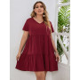Plus Size A Line Midi Tunic Casual Dress Women's Cotton Short Sleeve Wine Red Clothing Stylish Elegant Dresses