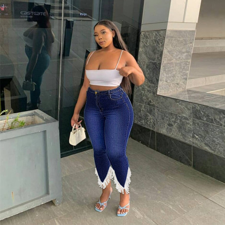 Plus Size Women Tassels Jean High Waist Stretchy Denim Trouser Lady Patchwork Pencil Pant