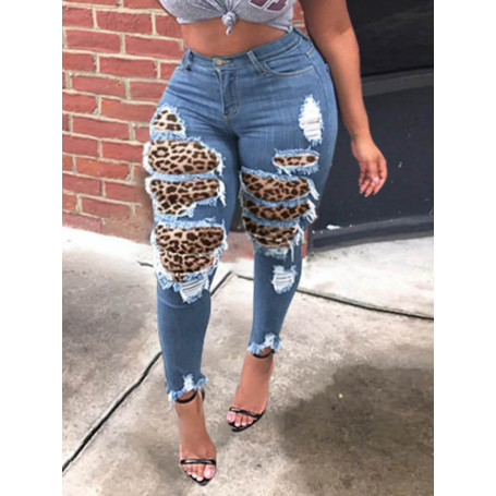 Plus Size High Stretchy Leopard Print Patchwork Basic Mid-Waist Button Fly Denim Cotton Woman Fashion Jeans