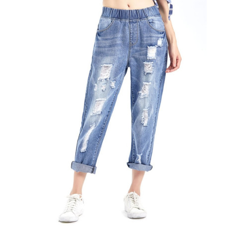 Ripped Jeans For Women High Waist Plus Size Loose Softener Light Blue Ankle-length Denim Harem Pants 6xl 7xl 8xl