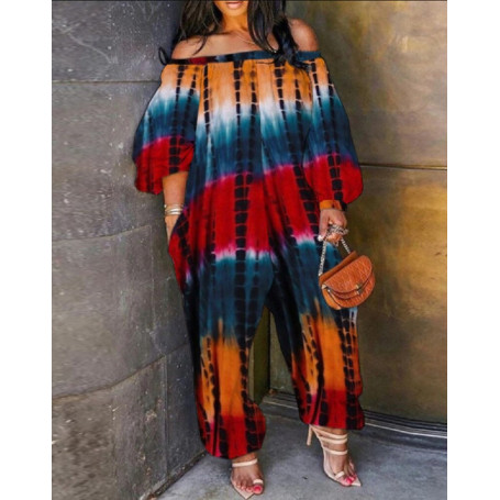 Plus Size Women Jumpsuit Long Sleeve One Piece Outfit Fashion Loose Tie Dye Print Pant