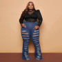 Plus Size Women Jean Ripped Hole Denim Trouser Fall Lady Fashion Solid Loose Pants Casual Outfit
