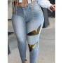 Women Plus Size Mid Waist Patchwork Print Stretchy Jeans Medium Stretchy Zipper Fly Camo Print Denim