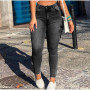 Plus Size Pockets Patchwork Slim Fit Cargo Jeans 3XL Vintage Streetwear High Waist Zip Hem Stretchy Skinny Denim Pencil Pants