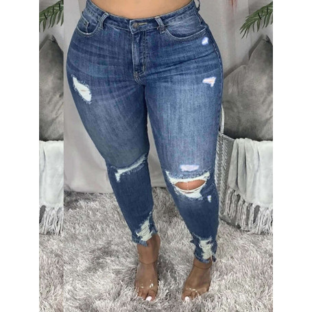 Plus Size High-waisted Ripped Jeans Zipper Fly Street Solid Color Holes Stretchy Sheath Skinny Women Fashion Pants