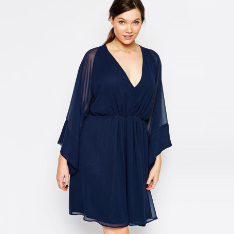 Long Flare Sleeve Elegant Chiffon Dress Sexy V-neck Elastic Waist Casual Party Dress Plus Size