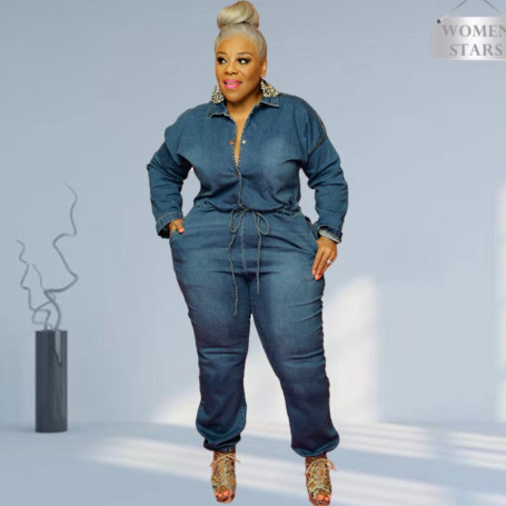 Demin Jumpsuit Women Plus Size Solid Hollow Out Back Buttons Long Sleeve Fashion Pockets Lace Up Romper