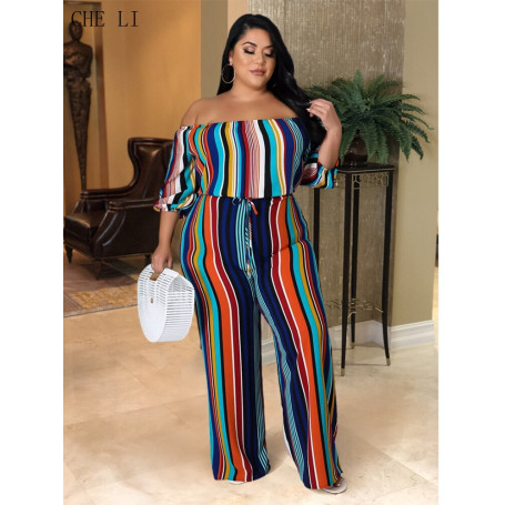 Plus Size Women Clothing  Sexy Backless Off Shoulder Striped Jumpsuit Lace Up Wide Leg Pants Set Xl To 5xl Plus Size Women's