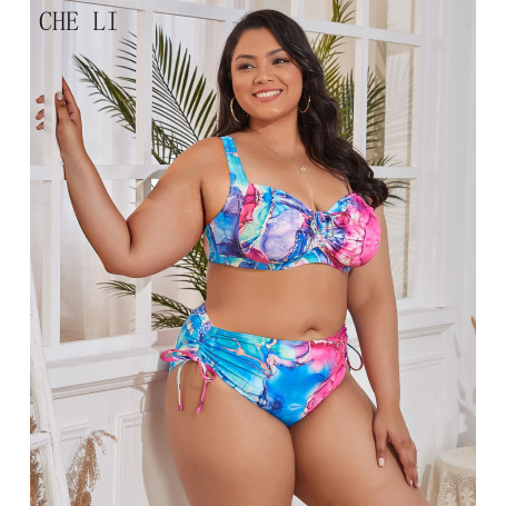 Summer New Plus Size Women's Swimwear Swimsuit Large Swimsuit Two Piece High Waist Gather Bikini Suit Sexy Fashion Female