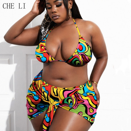 Beach Sexy Three Piece Plus Size Split Swimwear Bikini Set Women Halter Print Swimwear Plus Size Cover Up Bikini Female Style