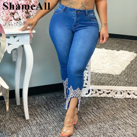 Plus Size Rhinestone Beading Stretchy Skinny Ankle Length Pencil Jeans 4XL Women Split Indie Capris Distressed Denim Trousers