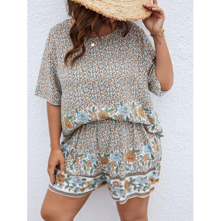 Plus Size 4XL 2 Piece Set White Floral Print Cropped Tops & Shorts  Short Sleeve Casual Beach Suits Sets