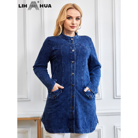 Women's Plus Size Denim Jacket  Chic Elegant Jacket For Chubby Women Round Neck Cotton Knitted Jacket