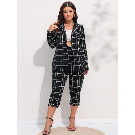 Plus Size Women Blazers Plaid Button Front Suit Sets Casual Blazer & Cropped Pants