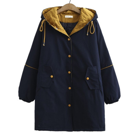 Bat Sleeved Parka Plus Size Women Clothing LOOSE Long Quilted Jacket Contrast Color Hooded Curve Coat