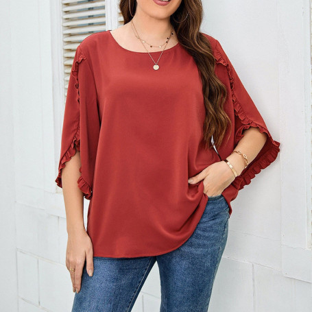 Plus Size Women Clothing  Fashion Ruffled O Neck Half Sleeve Solid Loose Chiffon Shirt Blouse Office Ladies Tunic Tops 4XL