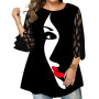 Blouse Woman New Collection Plus Size Clothing Facial Art Printed Organza Petal Sleeve Tunic Top Streetwear Oversized Shirt