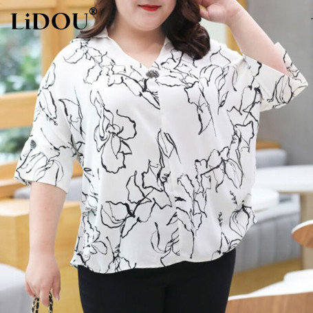 Print Elegant Fashion Plus Size Shirt Women Half Sleeve Loose Casual Oversized Lady Tops Aesthetic Female Pullover
