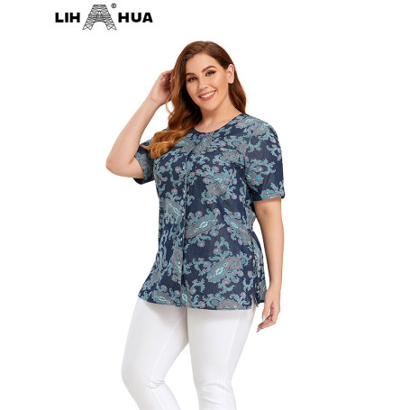 Plus Size Denim Shirt Summer Casual Short Sleeve Belt Fashion Print Shirt