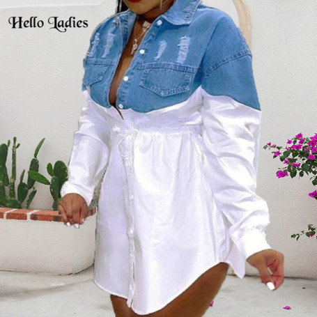 Plus Size Women Denim  Elegant Oversized Casual Preppy Short Mini Shirt Skirts Daily Party Dress
