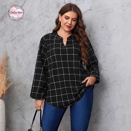 Plus Size Blouses For Women  Grid Print Lantern Sleeve Blouse Lady V-Neck Long Sleeves Loose Elegant Tops