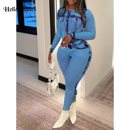 HL Plus Size Autumn Two Piece Set O Neck Long Sleeve Top+Jeans Gradient Pattern Print Skinny Pants Set Women Slim Denim Outfits