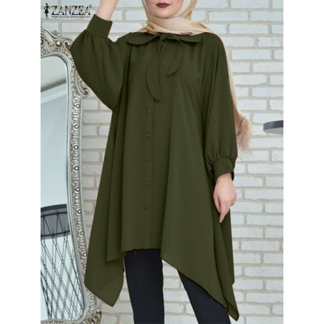 Elegant Muslim Women's Tops Vintage Irregular Shirts Oversized Blouse Button Down