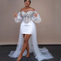 White Wedding Robes for Bride African Bridal Shower Dresses Off Shoulder Long Sleeve High Low Silver Crystal Appliques