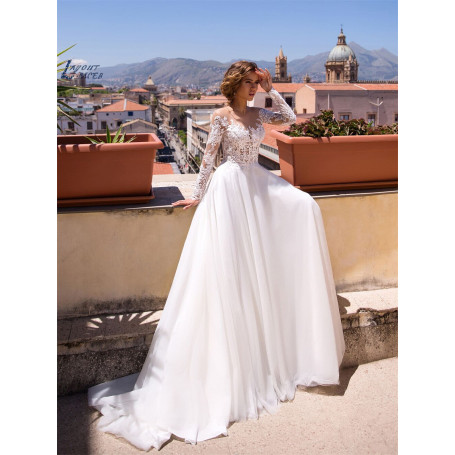 Bohemian Long Sleeve Wedding Dresses A Line Illusion Lace Appliques Scoop Bride Bridal Gowns Tulle Vestido De Noiva
