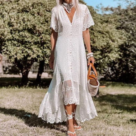 Elegant White Lace Slit Ruffle Long Dress Casual Short Sleeve Single Breasted Dress New Sexy Deep V Neck Embroidery Party Dress
