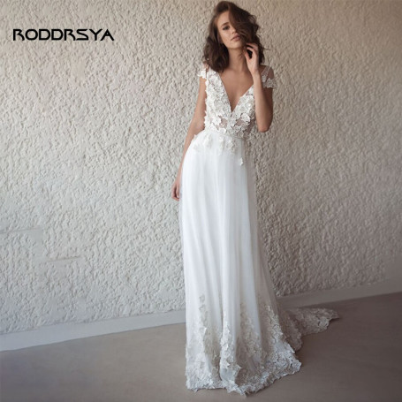 Lace Appliques Backless Tulle Wedding Dresses Boho Cap Sleeves Deep V-Neck A Line Bridal Gown Sweep Train Custom Made