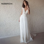 Lace Appliques Backless Tulle Wedding Dresses Boho Cap Sleeves Deep V-Neck A Line Bridal Gown Sweep Train Custom Made